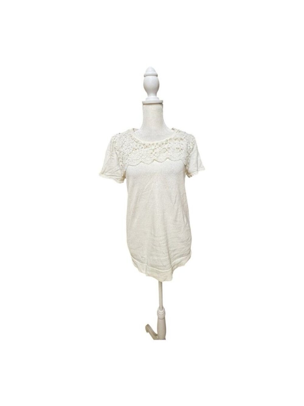 J Crew Small Ivory Lace Yoke Short Sleeve Sweater Top Cotton Knit Beige Shirt